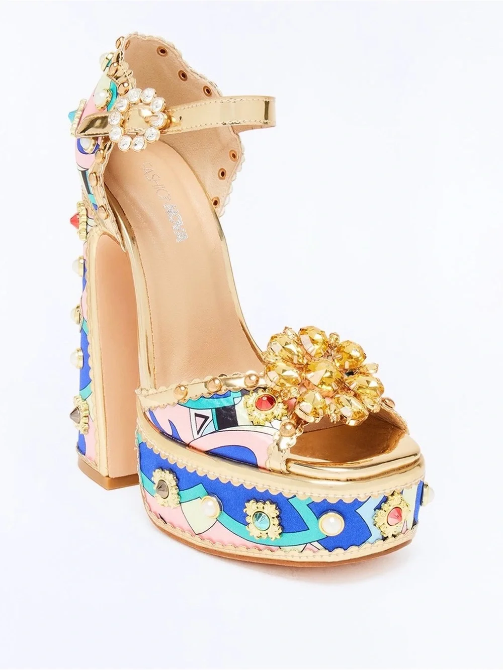 Fashion Nova Pink Multicolor Jeweled Platform Sandal with Gold Trim